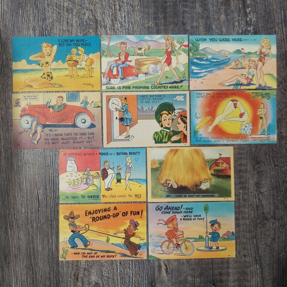 Vintage Asheville Post Card Company Pin Up Bathing Beauty Comic Linen Lot of 10